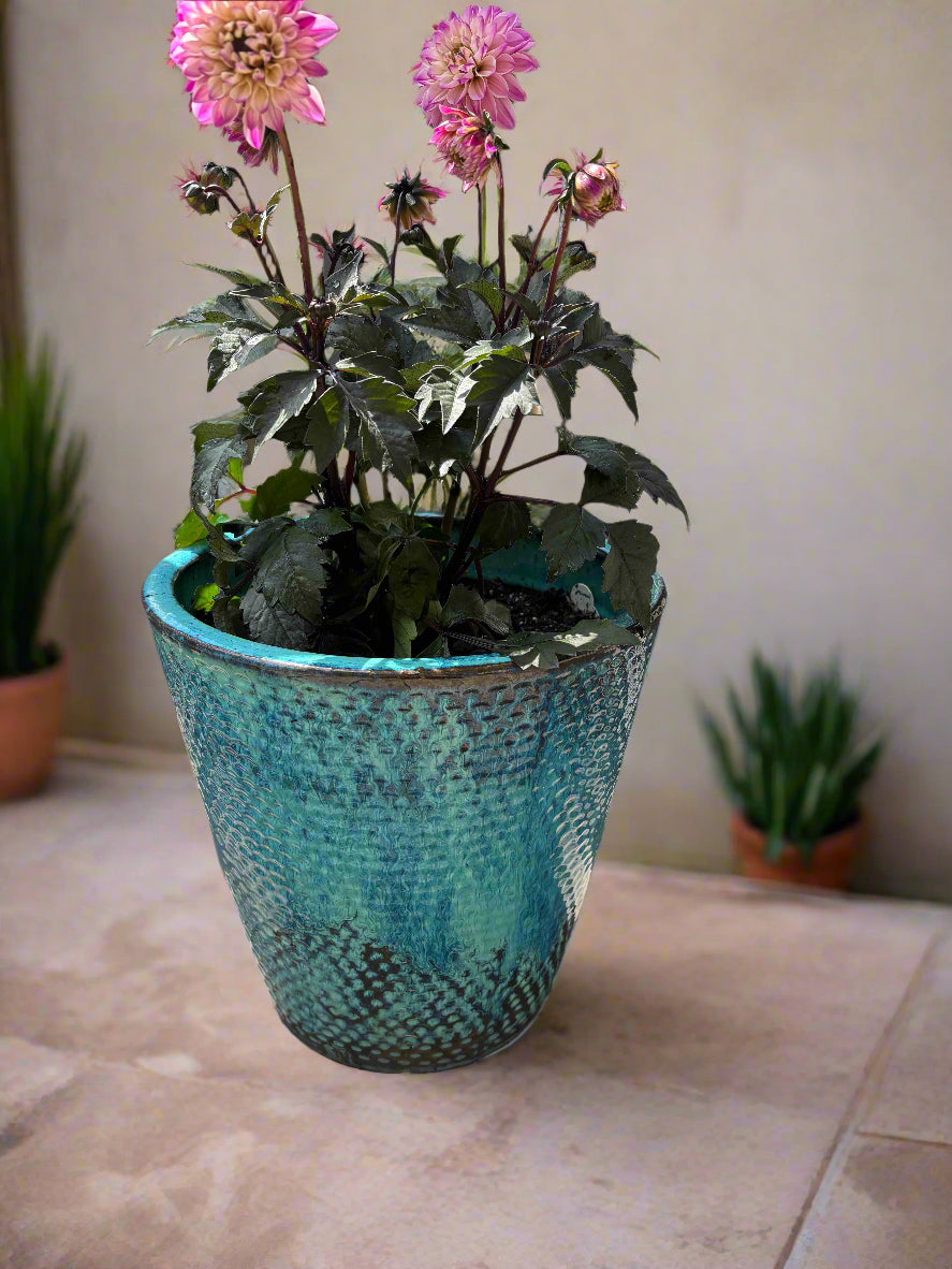 City Lights Lavender Pink Dahlia Potted Blue Ceramic Pot
