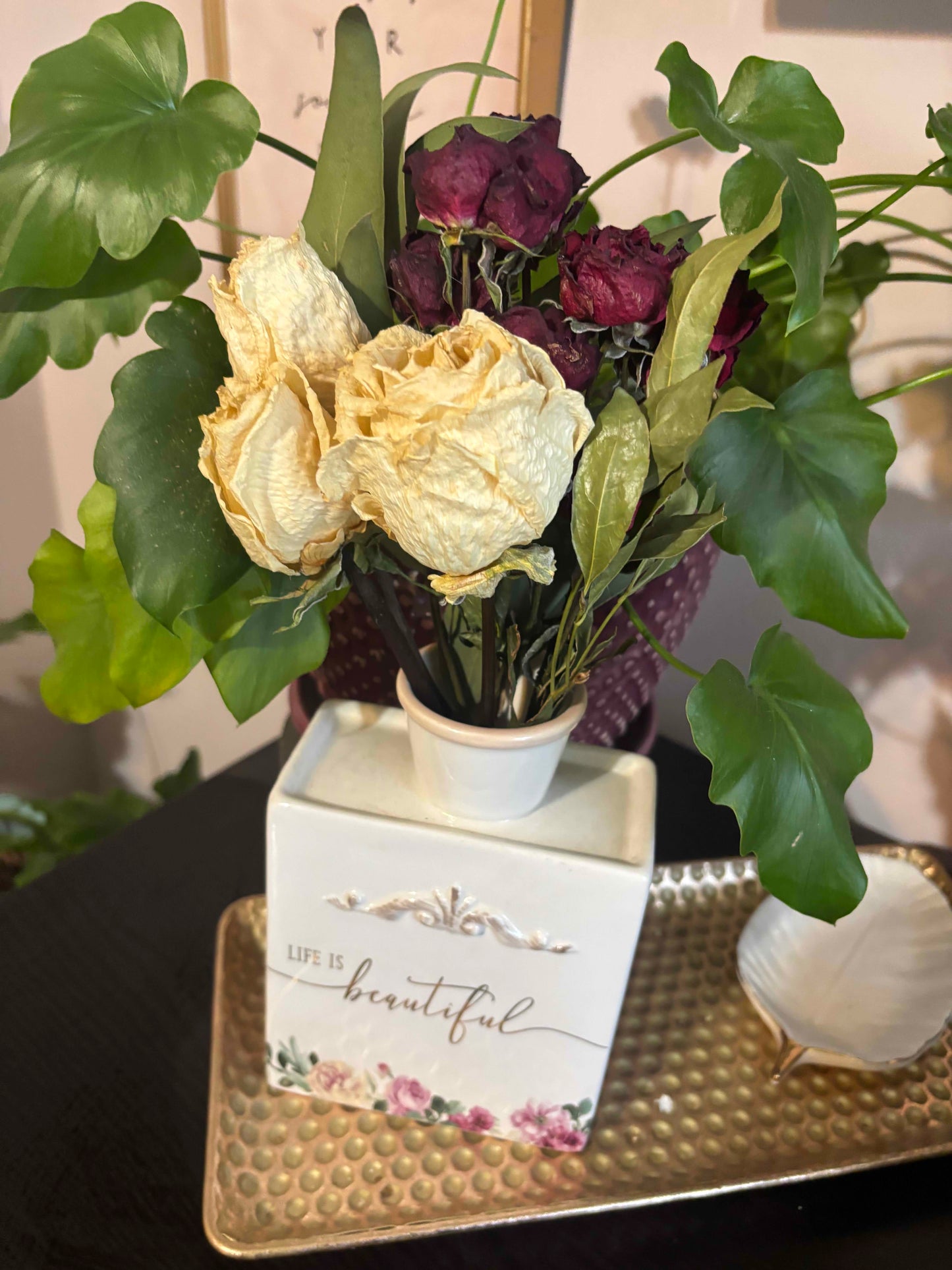 Dried Red Spray Roses and White Roses