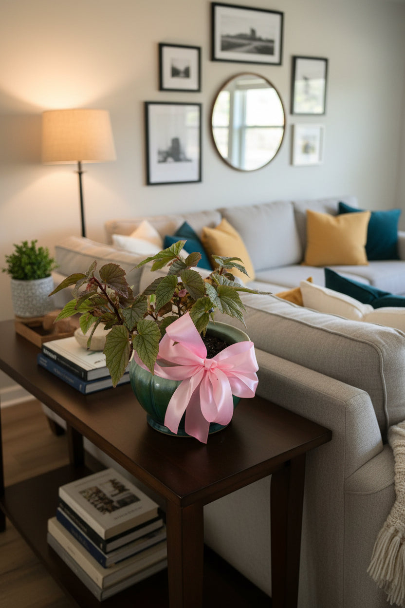 Potted plant with a pink ribbon on a table outdoors