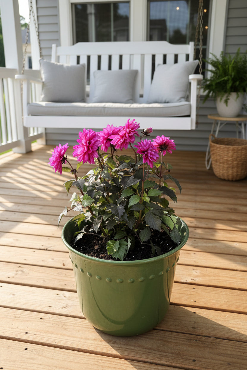 Potted plant with pink flowers on a patio