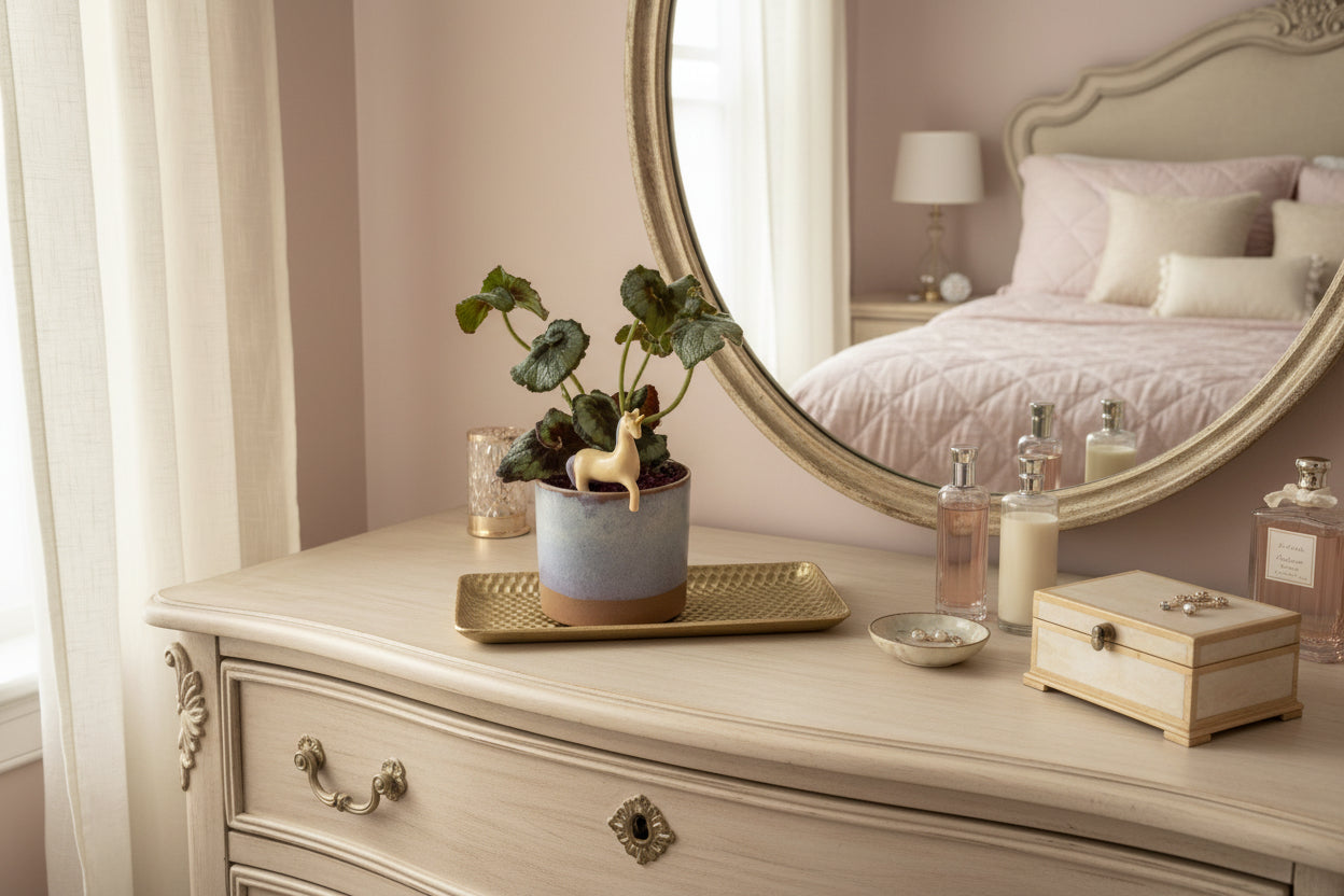 Potted plant with a unicorn figurine on a textured surface