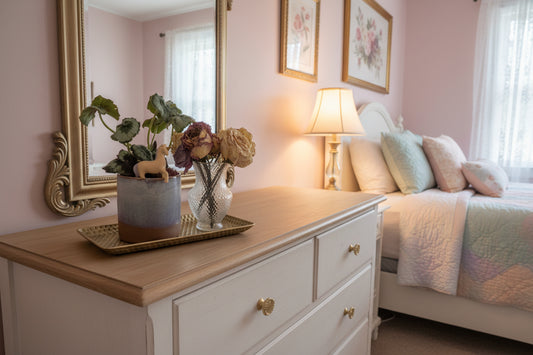 Decorative arrangement with a potted plant, small figurine, and dried flowers on a textured tray.