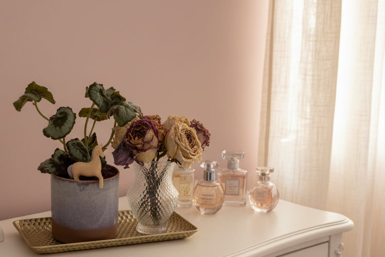 Potted plant with a horse figurine on a decorative tray with flowers and a glass container.