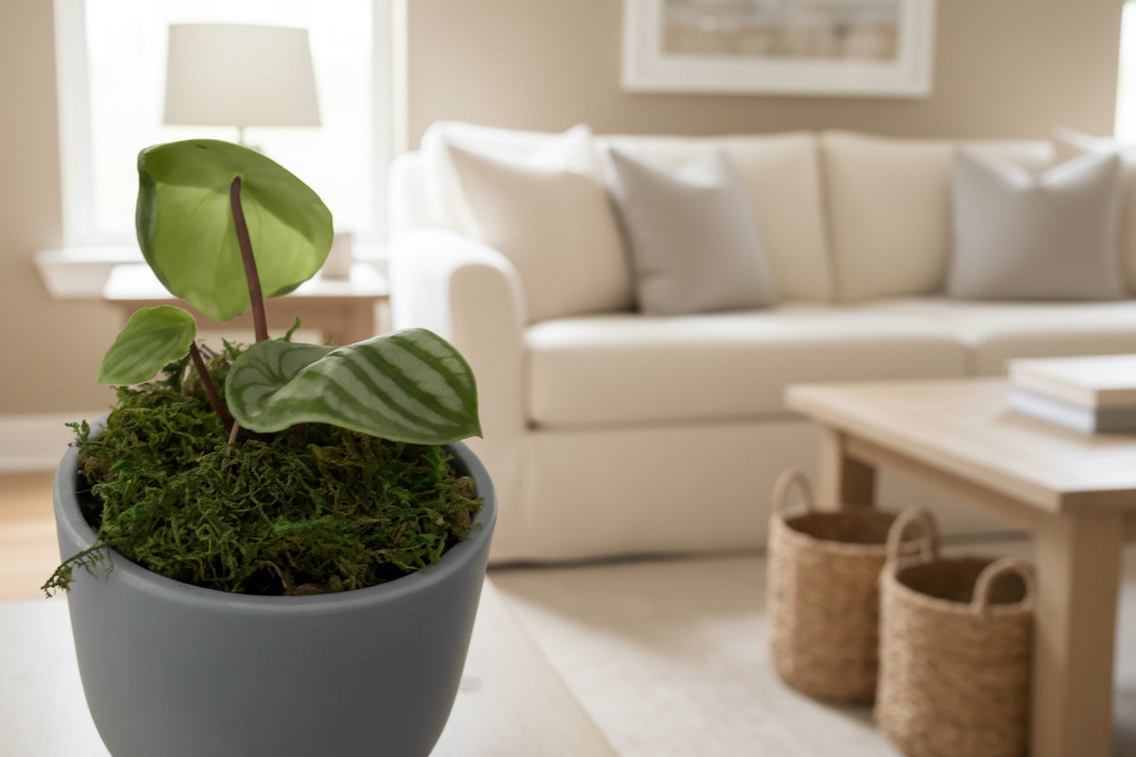 Potted plant on a textured surface with a blurred background