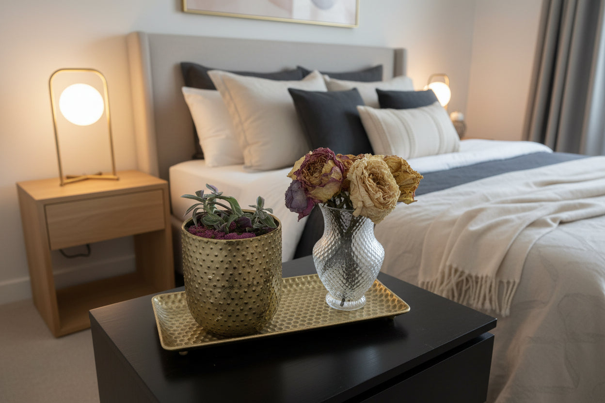 Decorative setup with a textured vase, a small pot with flowers, and a glass vase with dried flowers on a dark surface.